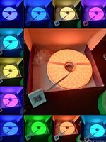 Photo showing the white flexible neon rope light coiled in a box, lit up in different colors including blue, yellow, pink, cyan, orange, green.