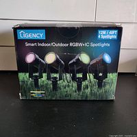 Box of Ligency Smart Indoor/Outdoor RGBW+IC Spotlights showing four spotlights with different colors (purple, warm white, green, blue) on grass background. Packaging indicates 12m/40ft cable length and 4 spotlights.