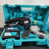 Chainsaw and accessories arranged in teal carrying case showing chainsaw, two batteries, and accessories