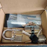 Overview of the entire kit showing clear acrylic padlocks, metal keys on ring, and multiple metal lock picks in plastic sleeves inside a cardboard box.
