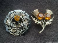 Pair of sterling silver pins featuring thistle floral designs and amber-colored stones on black background.