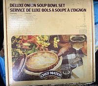 Box showing the set is a Deluxe Onion Soup Bowl Set by Chef Mates with instructions and contents listed.