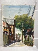 Full frontal view of the watercolor painting showing the street scene and general condition