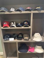 Full view of hats arranged on shelving unit showing all 17 hats in lot.