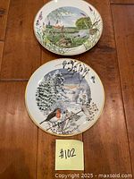 Two illustrated porcelain plates side by side on wooden surface, showing summer and winter landscape scenes with birds and nature, each with gold rim.