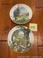 Photo showing both porcelain plates on a wooden table with a note marked '#104'. Plates show detailed country scenes with animals and landscape.