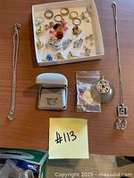 Overview photo showing the entire lot including necklaces, rings, earrings arranged on a table and in a box