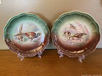Two scalloped edge decorative plates with hand painted game bird scenes, pheasant and woodcock, displayed upright on clear stands with a wooden background.