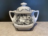 Front view of Adams ironstone sugar bowl with lid attached showing Minuet pattern, handles, and hexagonal shape.