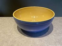 Front angle view showing yellow interior and periwinkle blue exterior, bowl placed on light gray surface with black background.