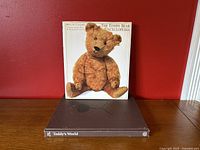 Two hardcover books stacked with The Teddy Bear Encyclopedia on top and Teddy's World on bottom.