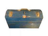 Closed blue Mastercraft metal toolbox with handle, two latches and visible wear and rust.