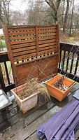 Front view of wooden garden trellis with horizontal slat panels and integrated shelves, outdoor setting on deck with potted dried plants.