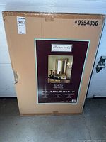 Original product packaging box for Allen + Roth rectangle mirror measuring 25.6" x 36.4".