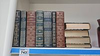 Shelf view showing 7 hardcover vintage classic novels by International Collectors Library with patterned spines in blue and maroon tones.