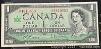 Front view of 1967 Canadian one dollar paper banknote showing Queen Elizabeth II portrait, serial numbers, and bilingual text.