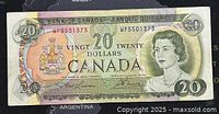Front side of the 1969 Canadian 20 dollar bill showing Queen Elizabeth II, Canadian coat of arms, denomination, and serial number.