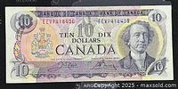 Full front view of the 1971 Canadian ten dollar banknote showing portrait and details.