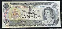 Front side of the 1973 Canadian 1 Dollar paper banknote showing Queen Elizabeth II portrait, Bank of Canada text, serial number, and denomination markings.