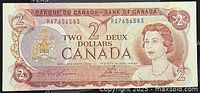 Front view of a 1974 Canadian two dollar bill showing denomination, Queen Elizabeth II portrait, serial number RA7656583, and signatures.