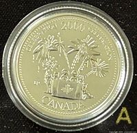 Reverse side of the 2000 Canadian 25 cents silver proof coin from the Millennium Series with commemorative design.