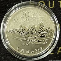 Close-up of reverse side of 2012 Canadian $20 Fine Silver Coin showing maple leaves, inscriptions, and silver purity marking.