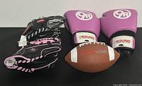 Overview photo of all 5 sports equipment pieces including the football, boxing gloves, and baseball gloves.