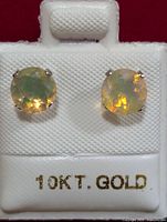 Close-up photo of both round opal stud earrings set in 10KT gold, displayed on a white earring card labeled 10KT GOLD.