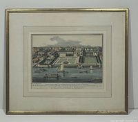 Full view of framed coloured engraving showing the front of Somerset House and river with boats