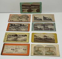 Nine antique Niagara Falls stereoview cards displayed in three rows, showing various scenes of the falls and landmarks.