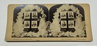 Full stereoview card showing both images of the four presidents in decorative frame and foliage.