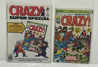 Front covers of the Crazy Super Special Magazine #58 and original Crazy #1 comic book shown side-by-side, both bagged and boarded.