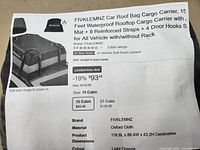 Photo of product detail page showing brand, materials, dimensions, color, and features.