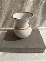 Full view of white porcelain vase showing flared rim and gold decorative band around neck and upper body, placed on gray rectangular base.