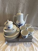 16-piece porcelain tea set arranged including tea pot, sugar bowl, cups, saucers, and plates with blue floral design.