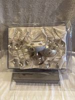 Clear view of entire set in original packaging, showing porcelain bowl and 12 metal spoons arranged on white satin.
