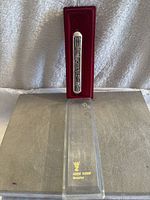 Silver mezuzah with detailed Jerusalem design in upright position inside red velvet display case, placed on gray and white background.