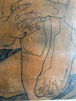 Close-up of the art print showing detailed lines of hands and feet on a brown textured background.