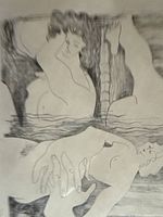 Close-up of the framed art print showing two nude female figures with soft shading and line work under glass.