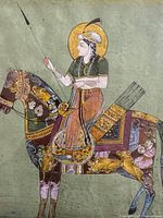Close-up of the Indian miniature painting showing rider and detailed horse artwork.