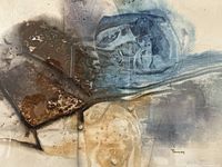 Detail of abstract watercolour composition showing layered blue and ochre washes