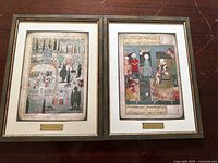 Two framed Anatolian miniature painting reproductions side by side on a wooden surface, each labeled beneath the frame