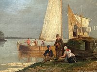Close-up showing figures and sailboat by riverbank