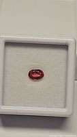 Natural ruby gemstone displayed in a protective white case, visible pink-orange hues and oval shape.