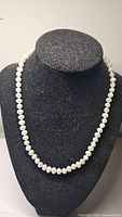 Front view of the natural pearl necklace displayed on black necklace bust, showing uniform oval-shaped white pearls.