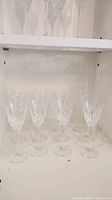 Shelf display of six DaVinci crystal cordial glasses showing etched design and tall stems.