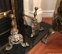 Photo of both brass fireplace andirons showing lion face embellishments and claw feet, positioned on black hearth.
