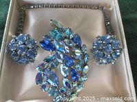 Set of blue rhinestone brooch and cardigan collar clips in a vintage Birks box, showing overall presentation and condition.