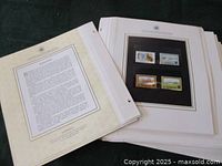 Stack of binder pages with mounted vintage Commonwealth country stamps and historical information on the reverse.