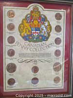 Framed Canadian Penny Collection showing 14 pennies with coat of arms and text descriptions.